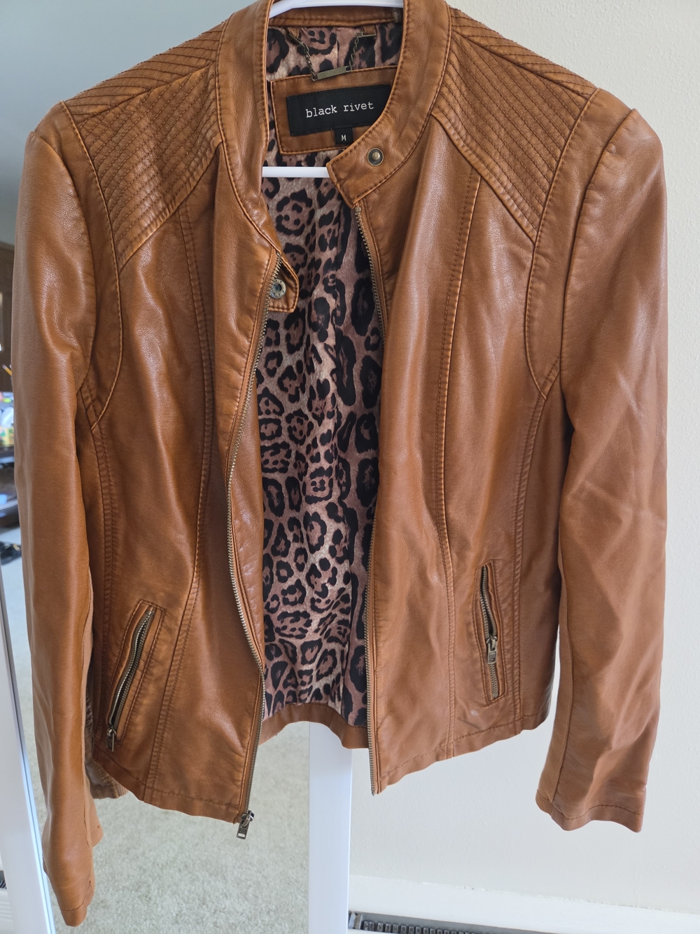 Black Rivet Women's Cognac Faux Leather Moto Jacket